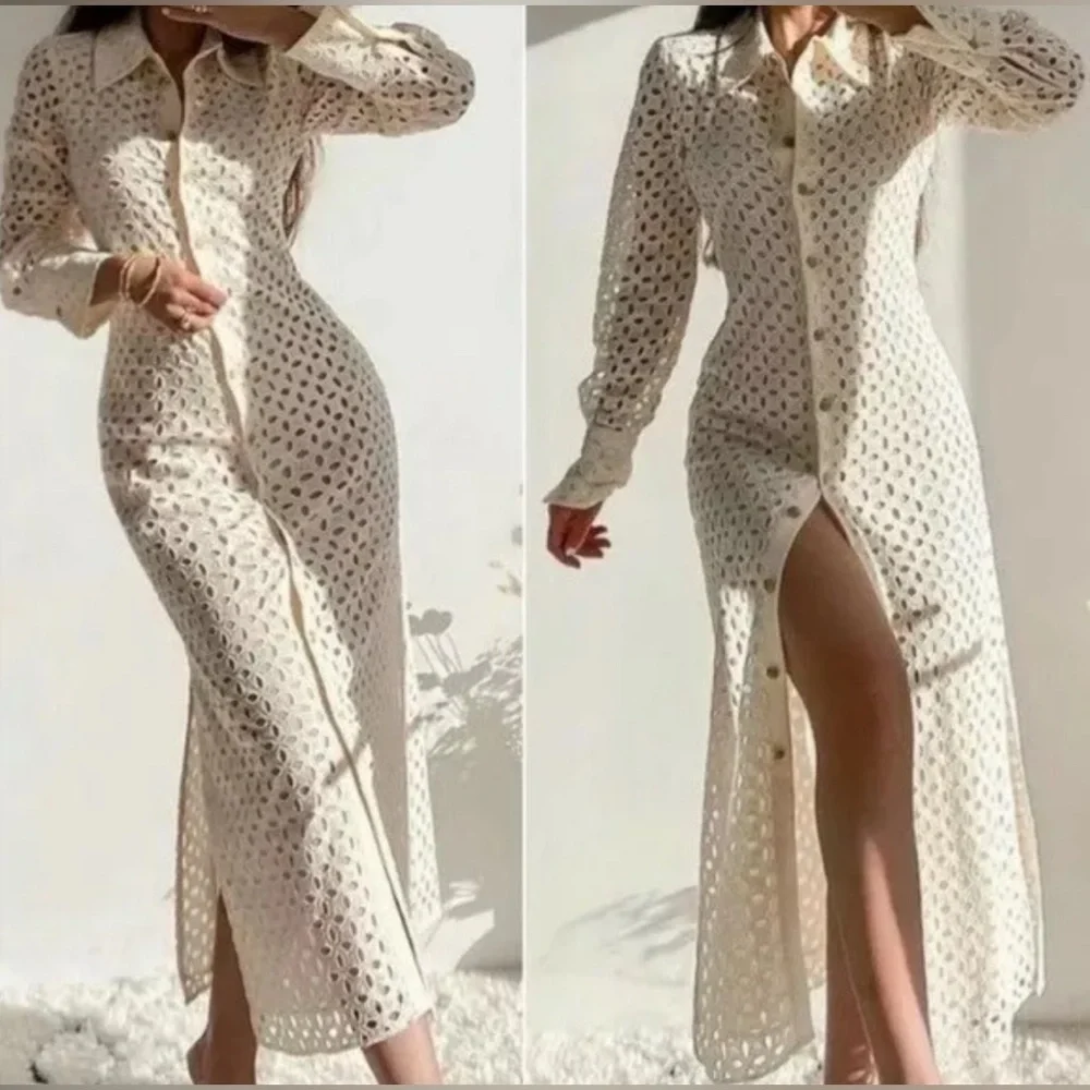 ZARA CREAM EMBROIDERED CUTWORK MIDI DRESS, SIZE M